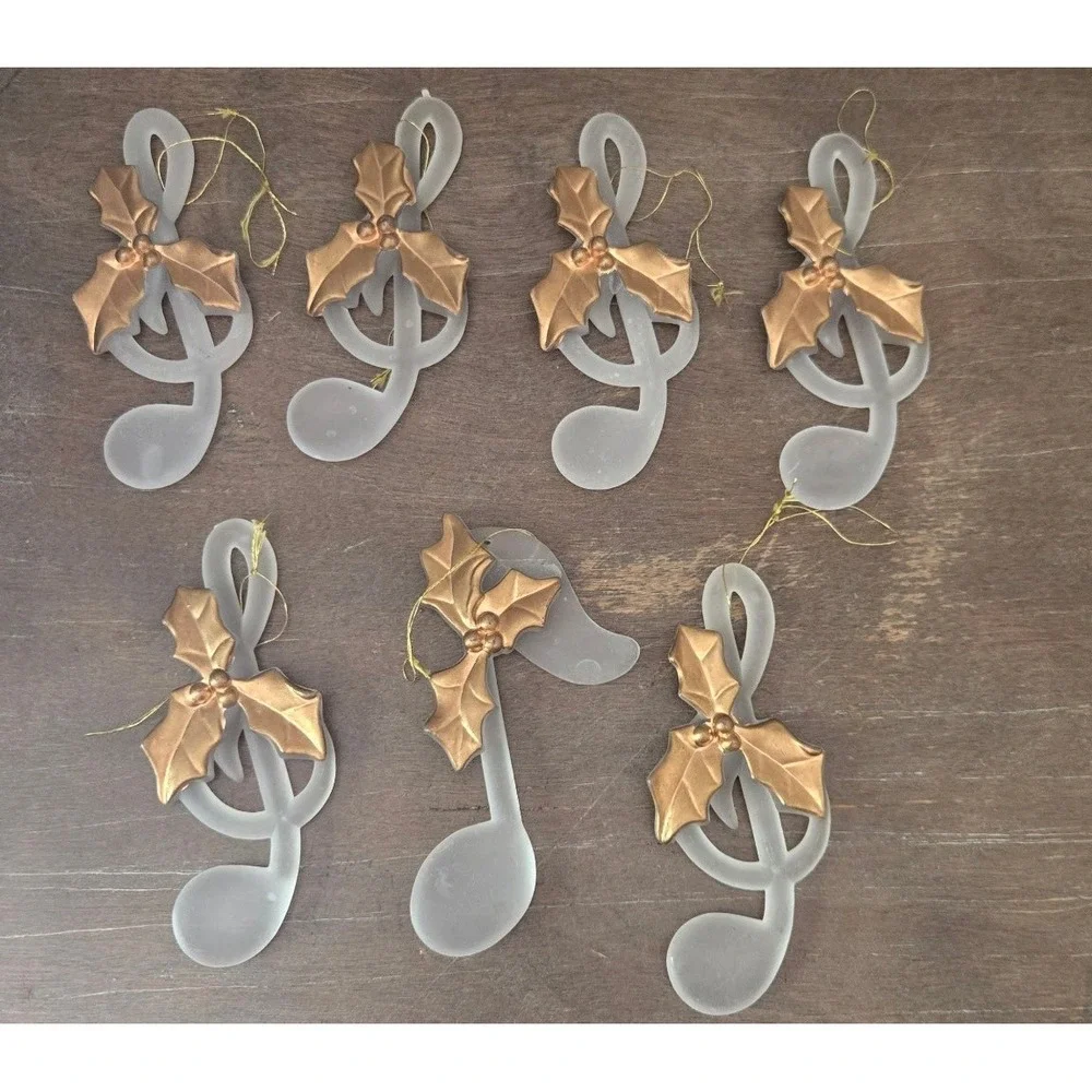 7 Vintage Frosted Glass Treble Clef Christmas Ornaments Gold Holly Music Lot